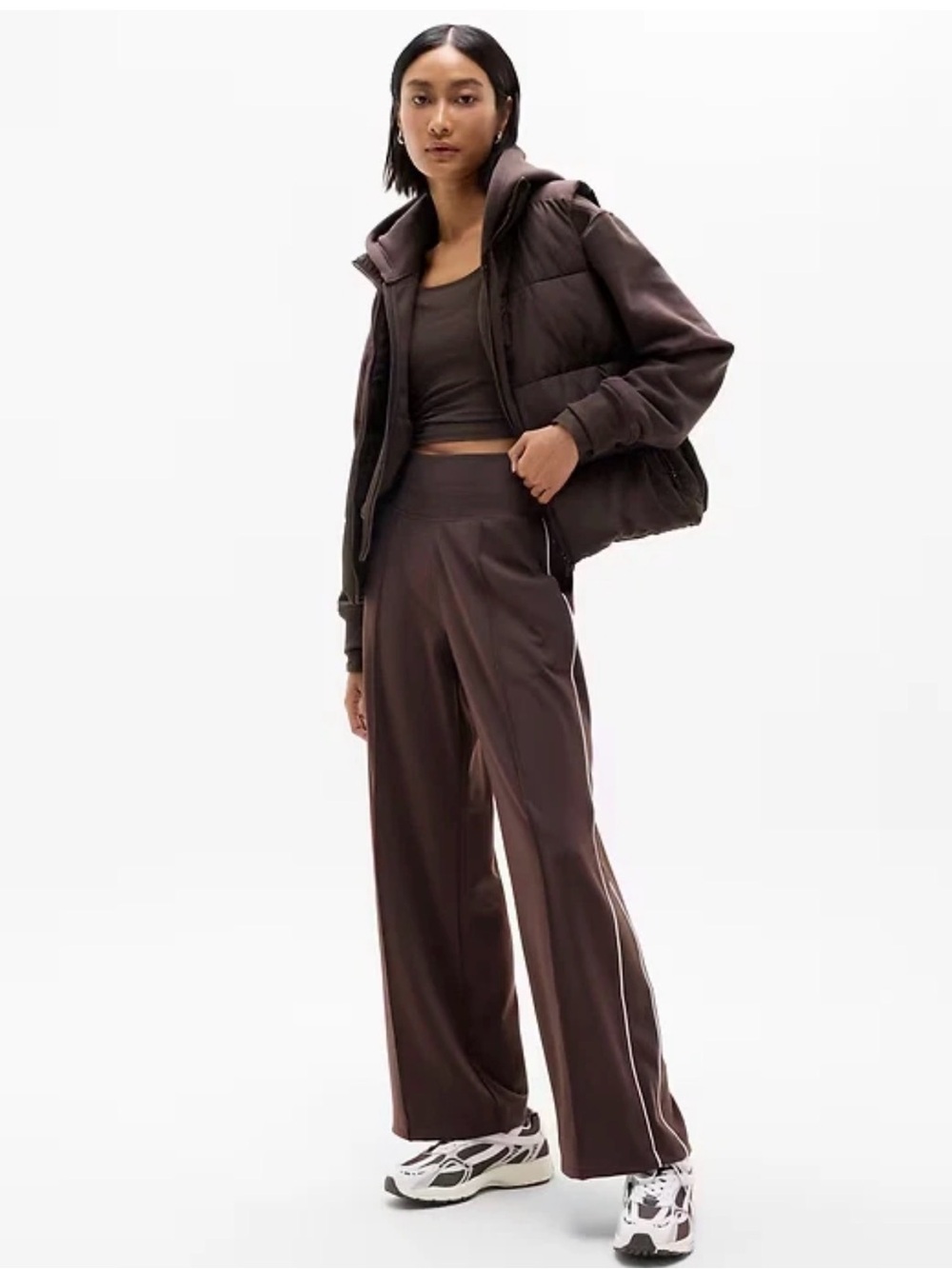 Athleta Venice High RiseTrack Strip Wide Leg Pant. Truffle/White Stripe. Medium